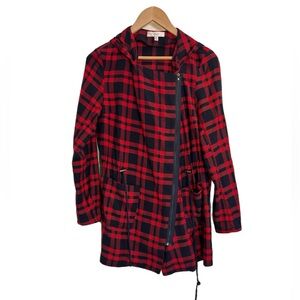 Ovi plaid asymmetrical zip cinch waist hooded jacket